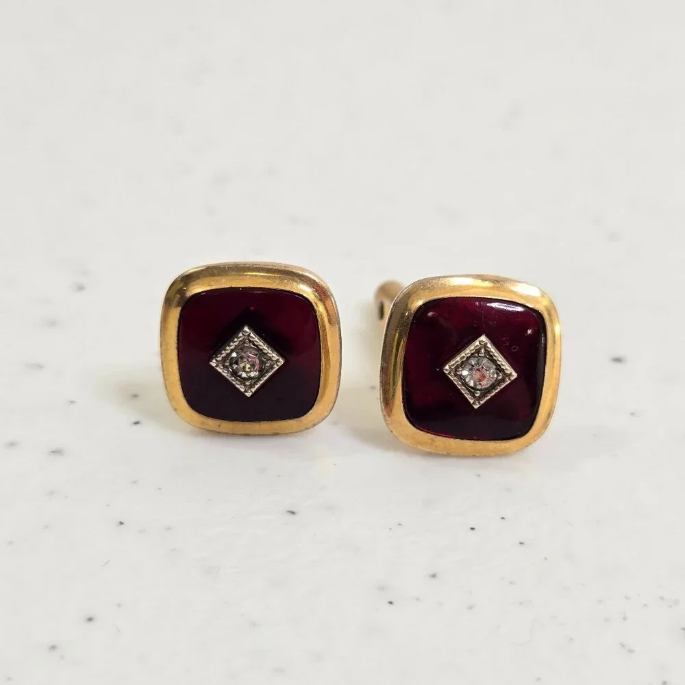 Correct Quality Cufflinks Red Rhinestone Gold Tone Vintage Square Geometric